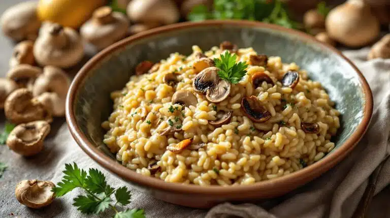 scopri un delizioso risotto cremoso ai funghi perfetto per le serate in settimana. con un tocco di olio al tartufo, questo piatto gourmet stupirà il tuo palato e porterà un tocco di eleganza alla tua cena.