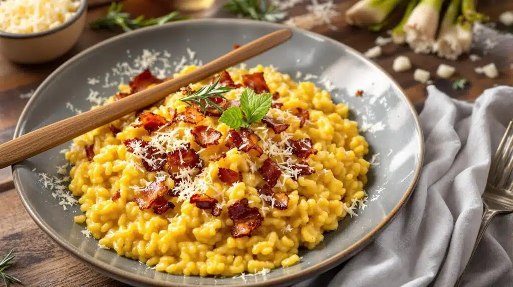 scopri come preparare un risotto veloce e delizioso con bacon e porri, perfetto per i cuochi impegnati. questa ricetta semplice e gustosa ti permetterà di portare in tavola un piatto saporito in pochissimo tempo!