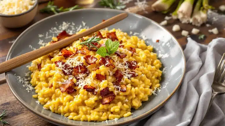 scopri come preparare un risotto veloce e delizioso con bacon e porri, perfetto per i cuochi impegnati. questa ricetta semplice e gustosa ti permetterà di portare in tavola un piatto saporito in pochissimo tempo!